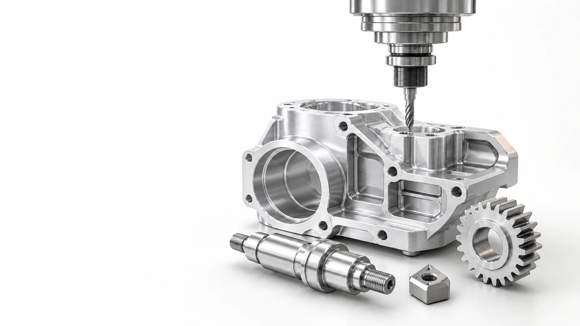 Illustrative composition of precision-machined metal components beneath a CNC spindle